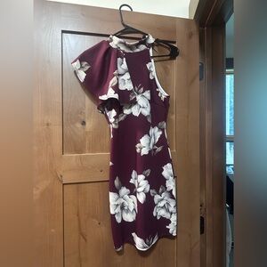 Blue Blush One Shoulder Burgundy Floral Dress